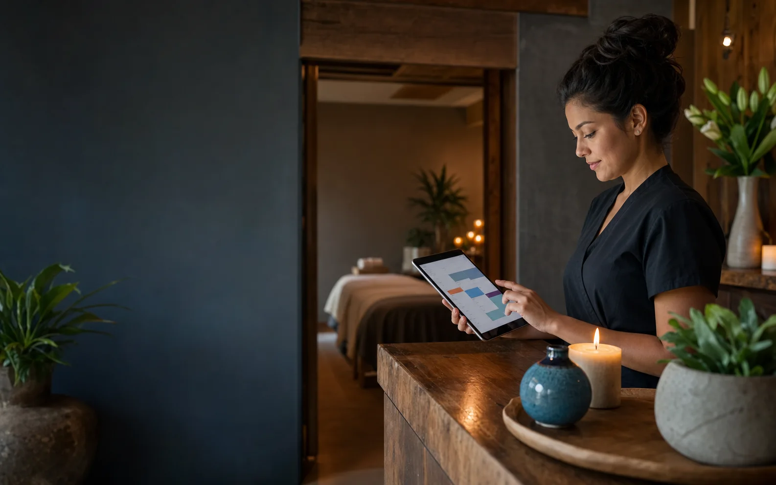 Terapeuta de spa organizando reservas en línea desde una tablet en recepción