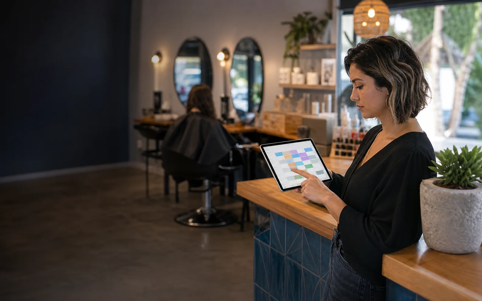 Estilista consultando una agenda de citas en línea desde una tablet en un salón de belleza